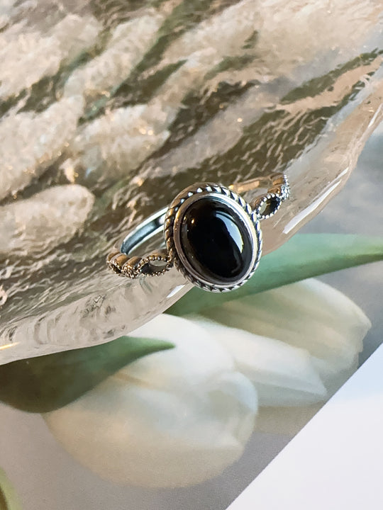 S925 Black Agate Ring (Vintage) Adjustable Ring Size