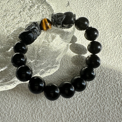 Obsidian (Tiger Eye & Pixiu Top Bead) Beaded Bracelet 14MM ★WYSIWYG★