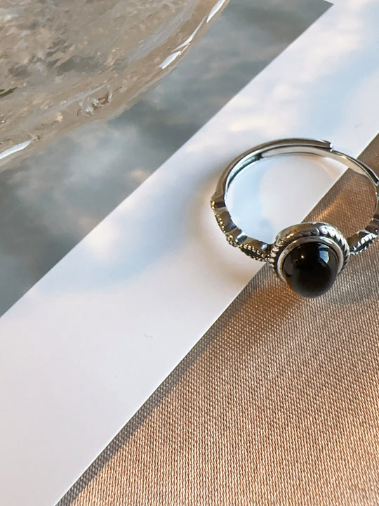S925 Black Agate Ring (Vintage) Adjustable Ring Size