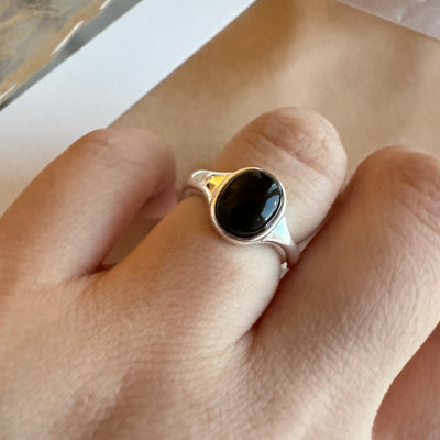 S925 Black Agate Ring (Adjustable Ring Size)